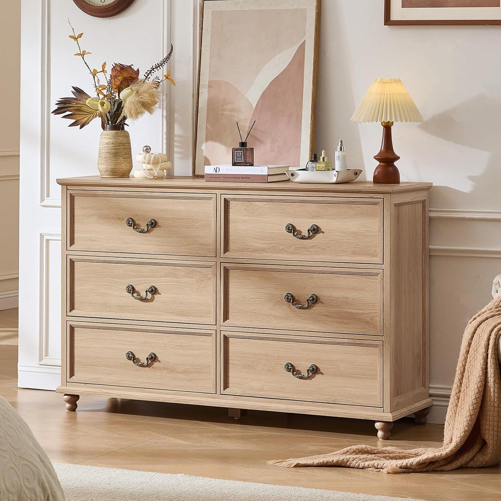 Farmhouse 6 Drawers Dresser , Vintage 54" Wide Chest of Drawers w/ 4 Wooden Legs, Rustic Large Closet Storage