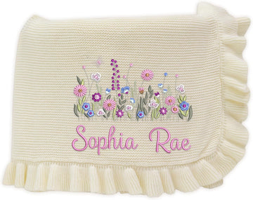 Wildflower Nursery Quilt Blanket with Ruffle Edge - Custom Embroidered Floral Name Blanket, Personalized Newborn Gift
