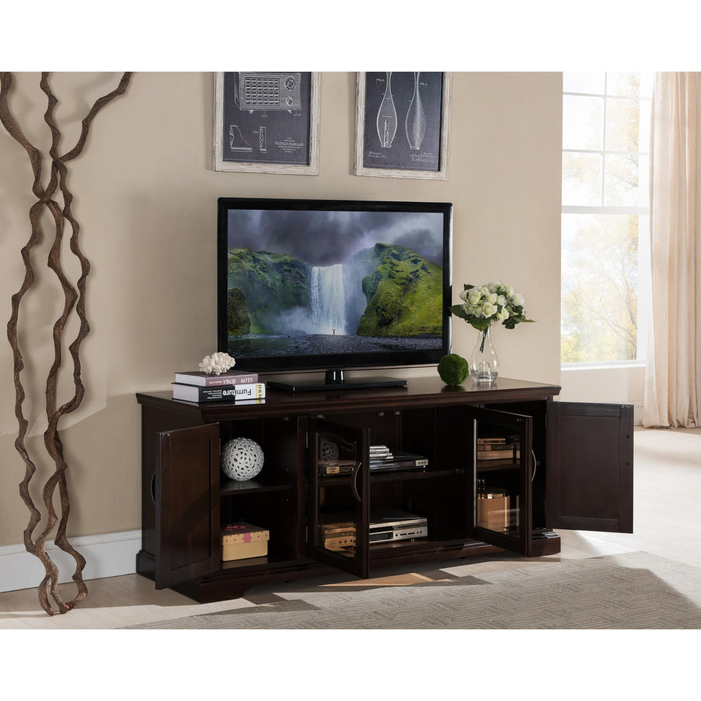 Home 81360 Iverson Three Door TV Stand for 65 Inch TVs, 60 Inch, Chocolate Cherry Brown, Hardwood with Bronze Glass