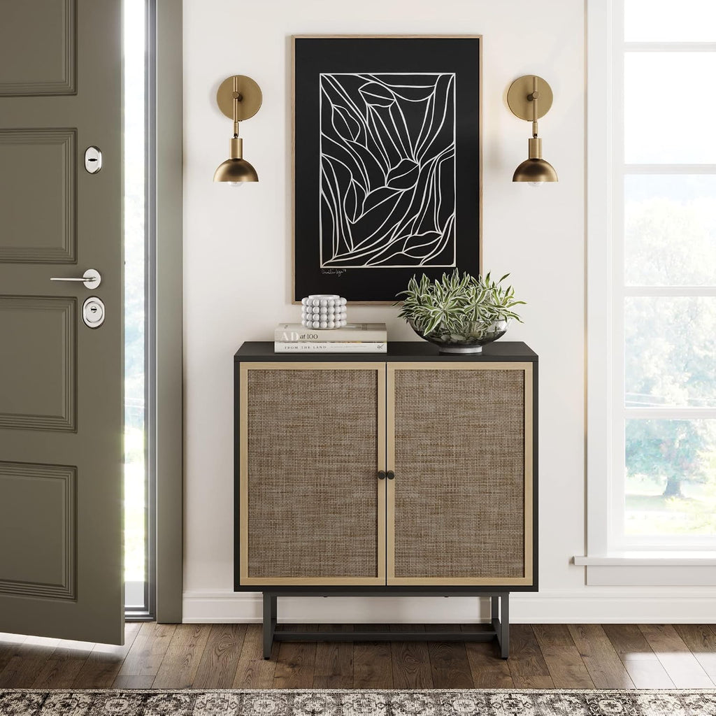 Kova Rattan Wood Accent Sideboard Storage Cabinet with Matte Metal Frame, Adjustable Interior Shelves and Cane Doors