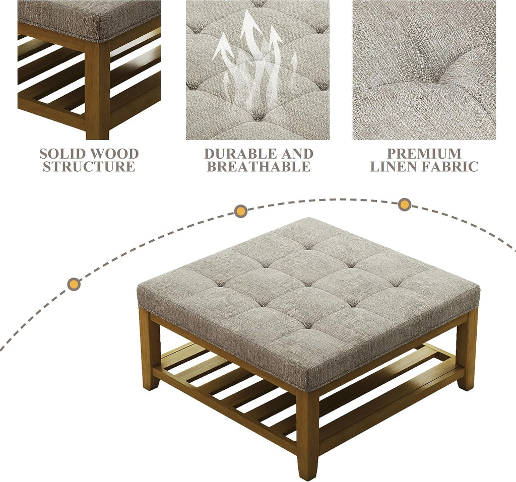 Large Square Ottoman Coffee Table, Linen Solid Upholstered Footrest Ottoman with Solid Wood Shelf Storage Tufted