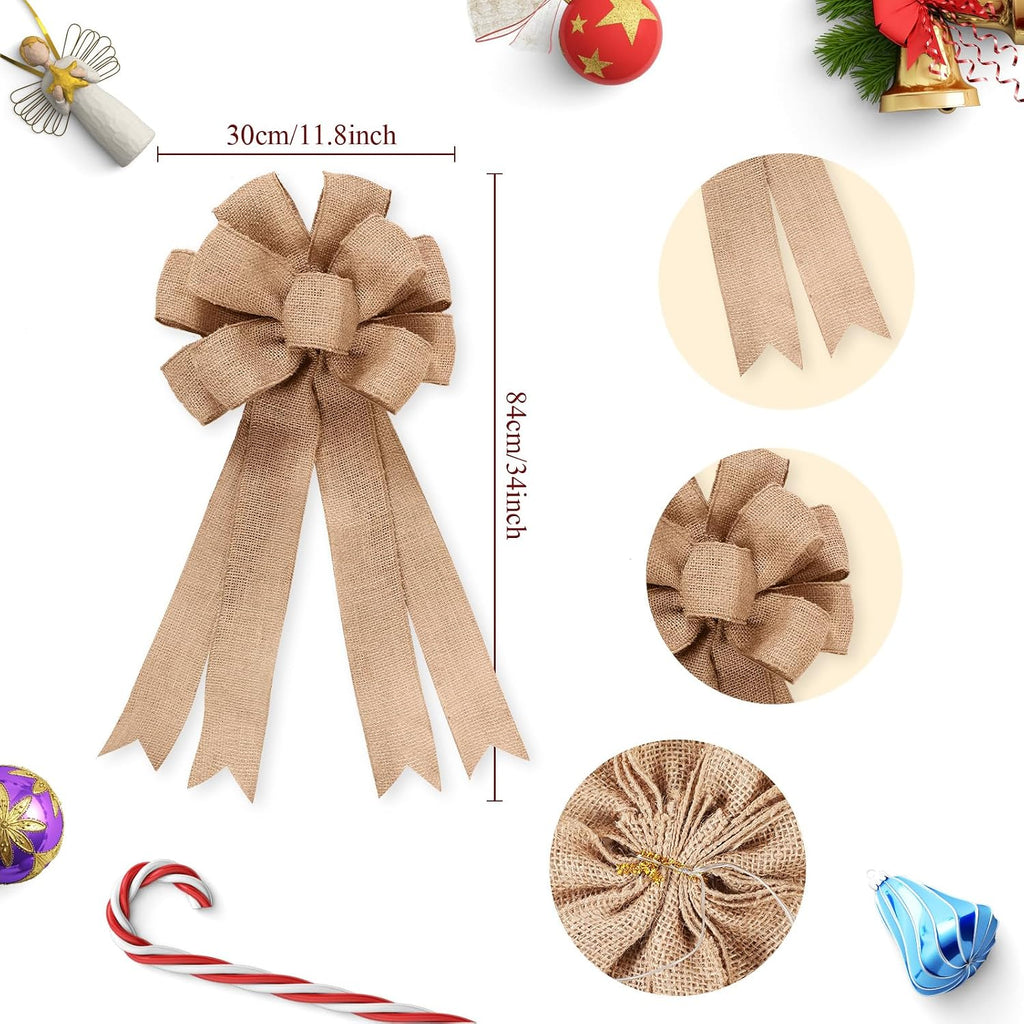 Burlap Christmas Tree Topper with 39.4 Inch Ruffle Christmas Tree Skirt and 34 Inch Large Vintage Ribbon Bow - Set of 2