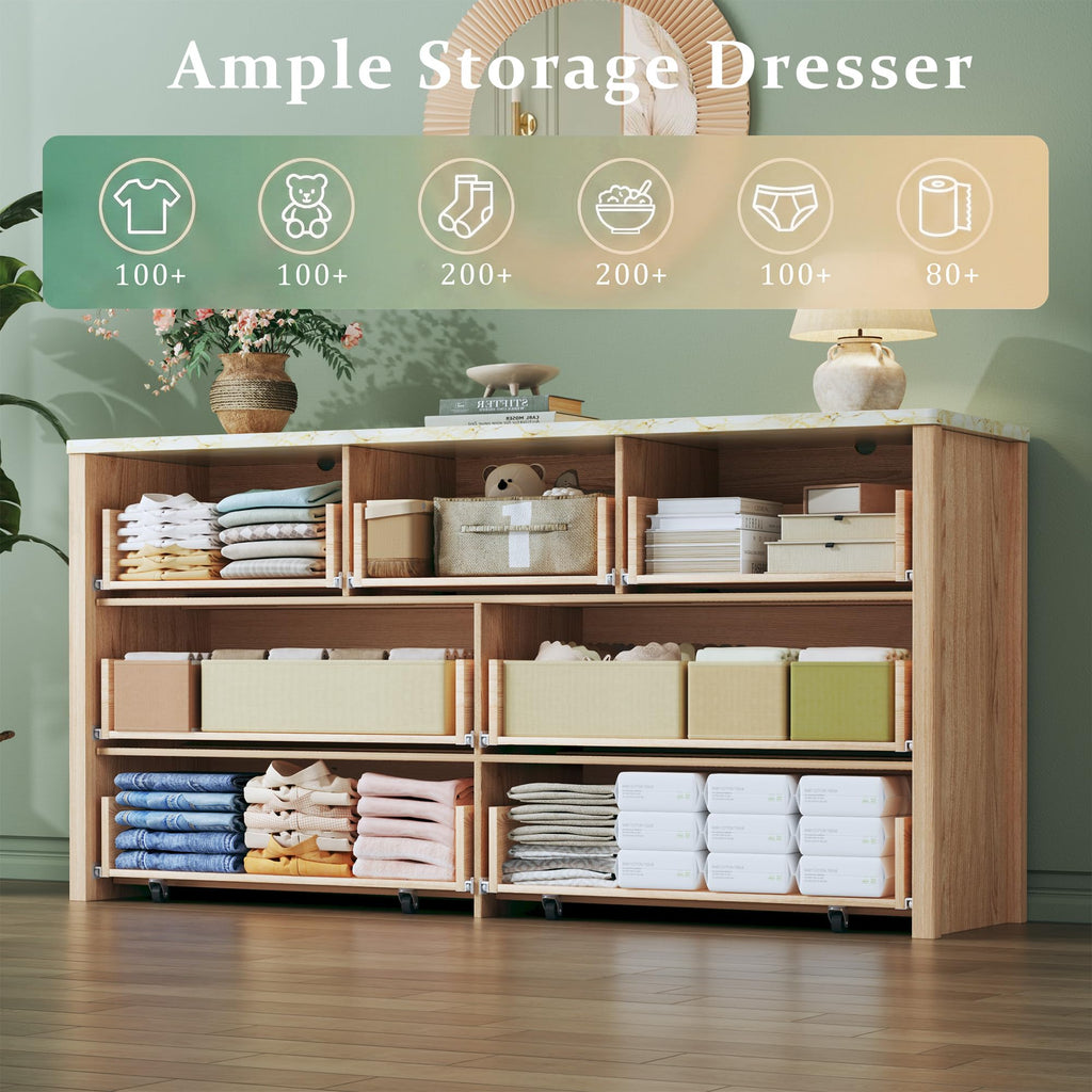 Fluted Dresser with 7 Drawers, 53" Wide Mid Century Modern Dressers with Faux Marble Top & Metal Handle, Wooden Chest