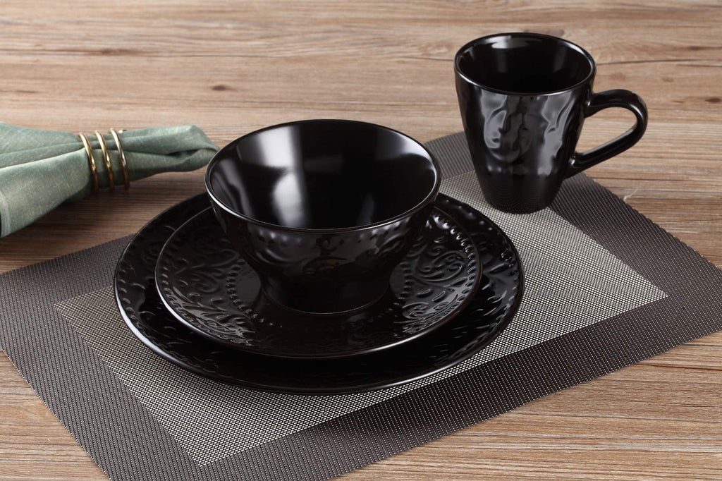 Elegant and Modern Stoneware Scroll Dinnerware Set for Hosting Parties and Events - Black, 16 Piece