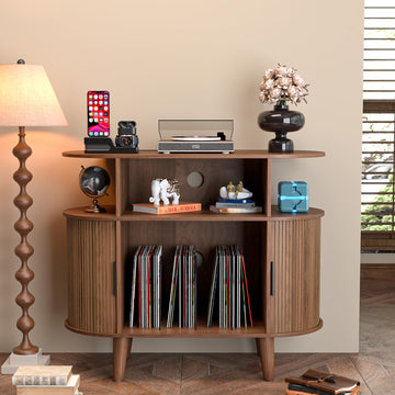 Large Round Record Player Stand with Charging Station & USB Ports