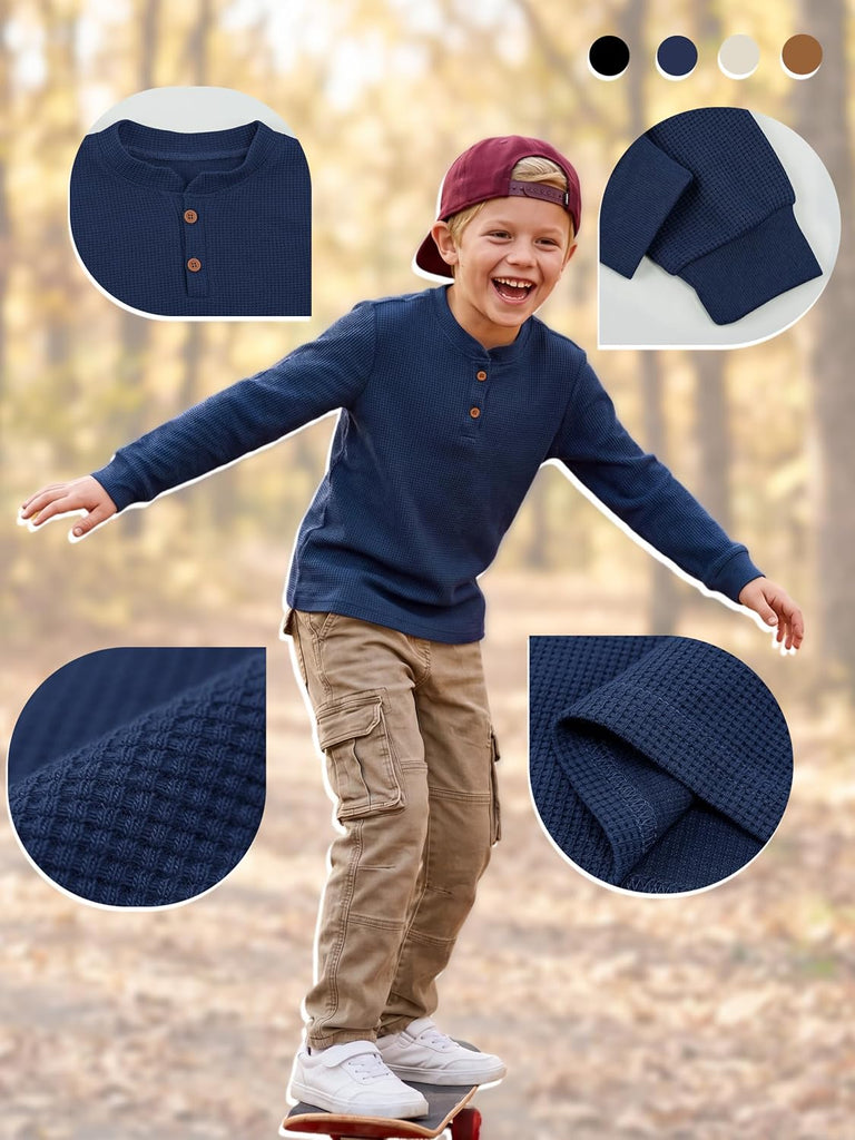 4 Pack Boys Long Sleeve Thermal Henley Shirt Boys Long Sleeve Shirts Waffle Henley Knit Thermal Tops for Daily Wear