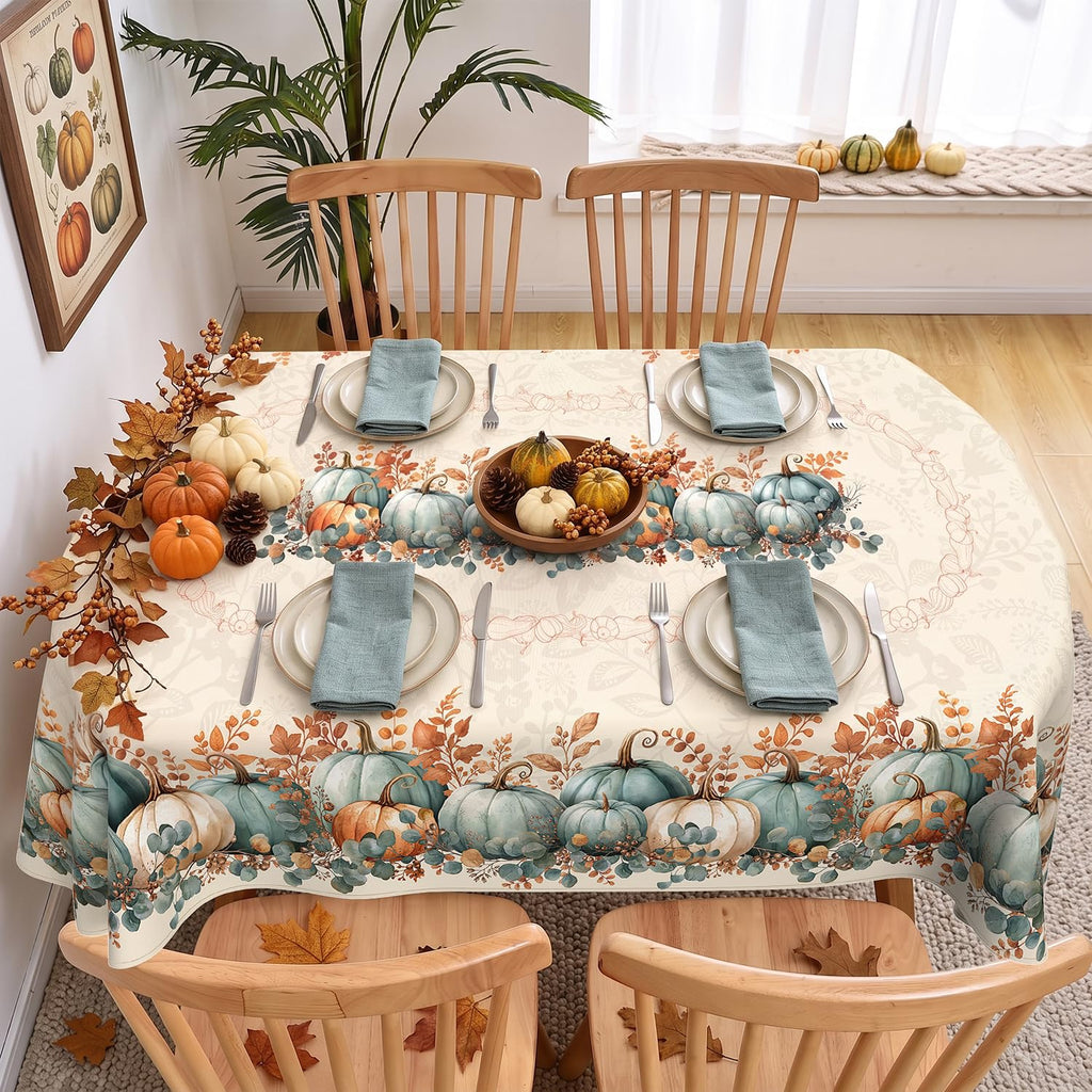 Fall Oval Tablecloth 60 x 84 Inch, Stain Resistant Washable Fabric Autumn Pumpkin Table Cloth Oval Fall Tablecloth