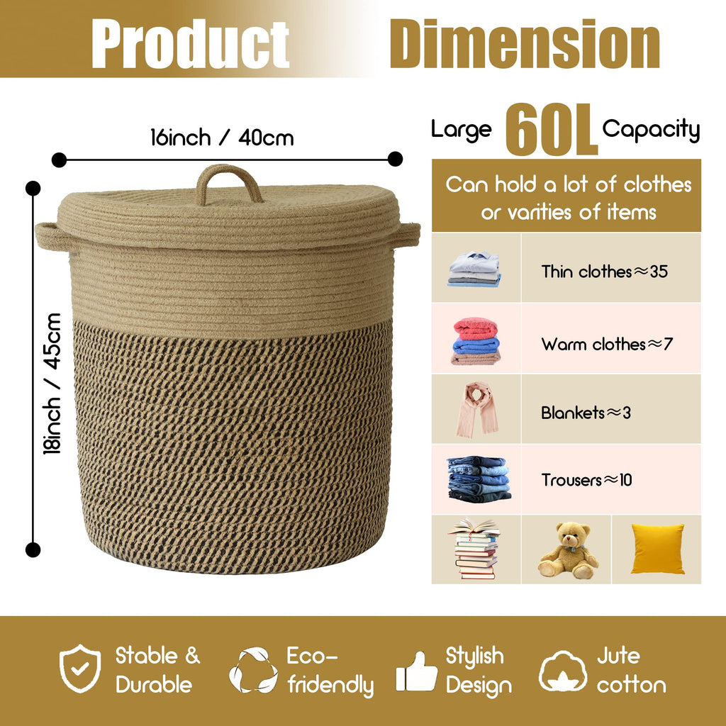 Extra Large Storage Basket with Lid 60L, 16"Wx18"H Woven Laundry Hamper Basket with Handle, Jute Rope Wicker Basket