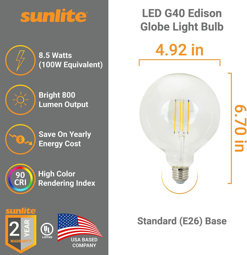 LED G40 Edison Globe Light Bulb, 8.5 Watts (100W Equivalent), Standard E26 Base, 800 Lumens, Dimmable, Clear Glass