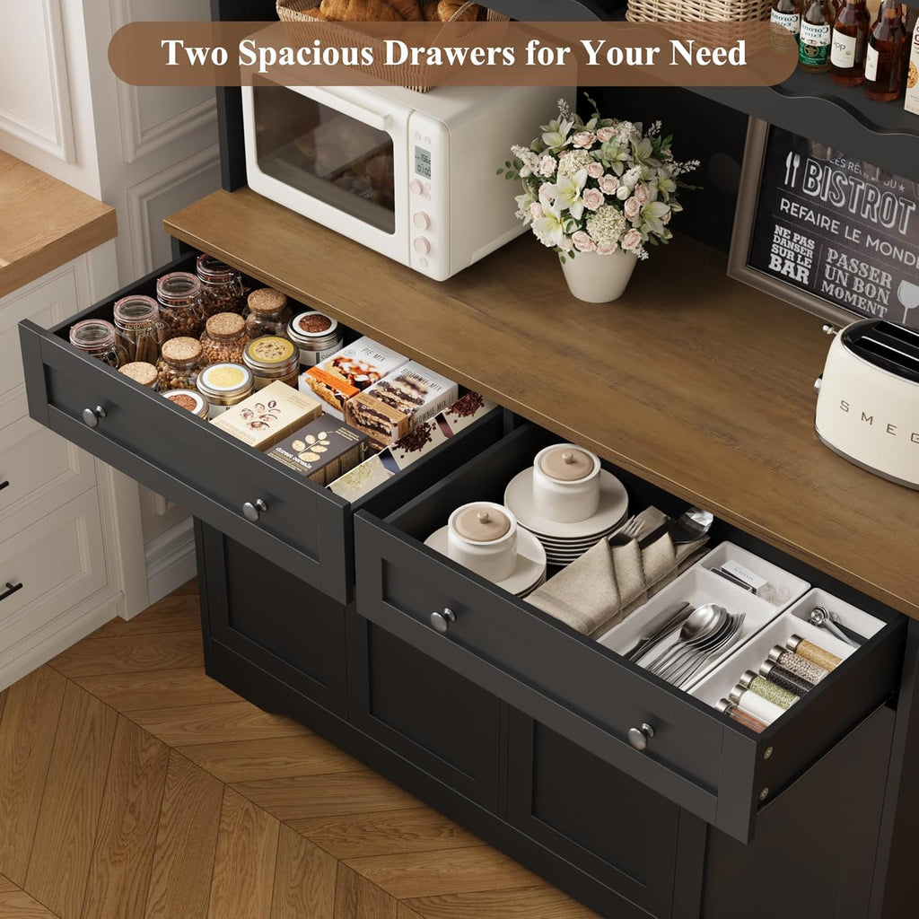 75" Kitchen Pantry Storage Cabinet, Coffee Bar Hutch Cabinet, Black | Tall Pantry Cabinet with Charging Station /