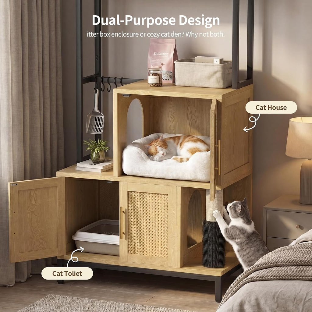 Cat Litter Box Enclosure with Cat Tree & Storage Shelf