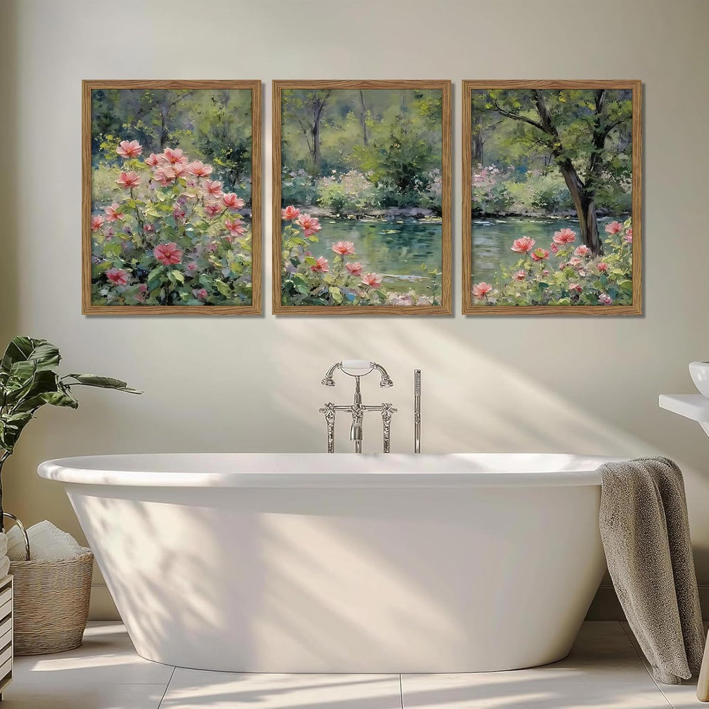Framed Monet Wall Art Set of 3, Impressionist Botanical Floral Canvas Wall Decor, Vintage Cottagecore Artwork