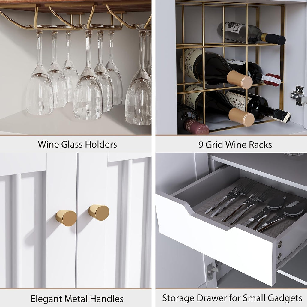 Modern 32 inch Wide Coffee Bar Cabinet with Wine Storage, Liquor Cabinet with Glass Holder & Grid Rack, Fluted