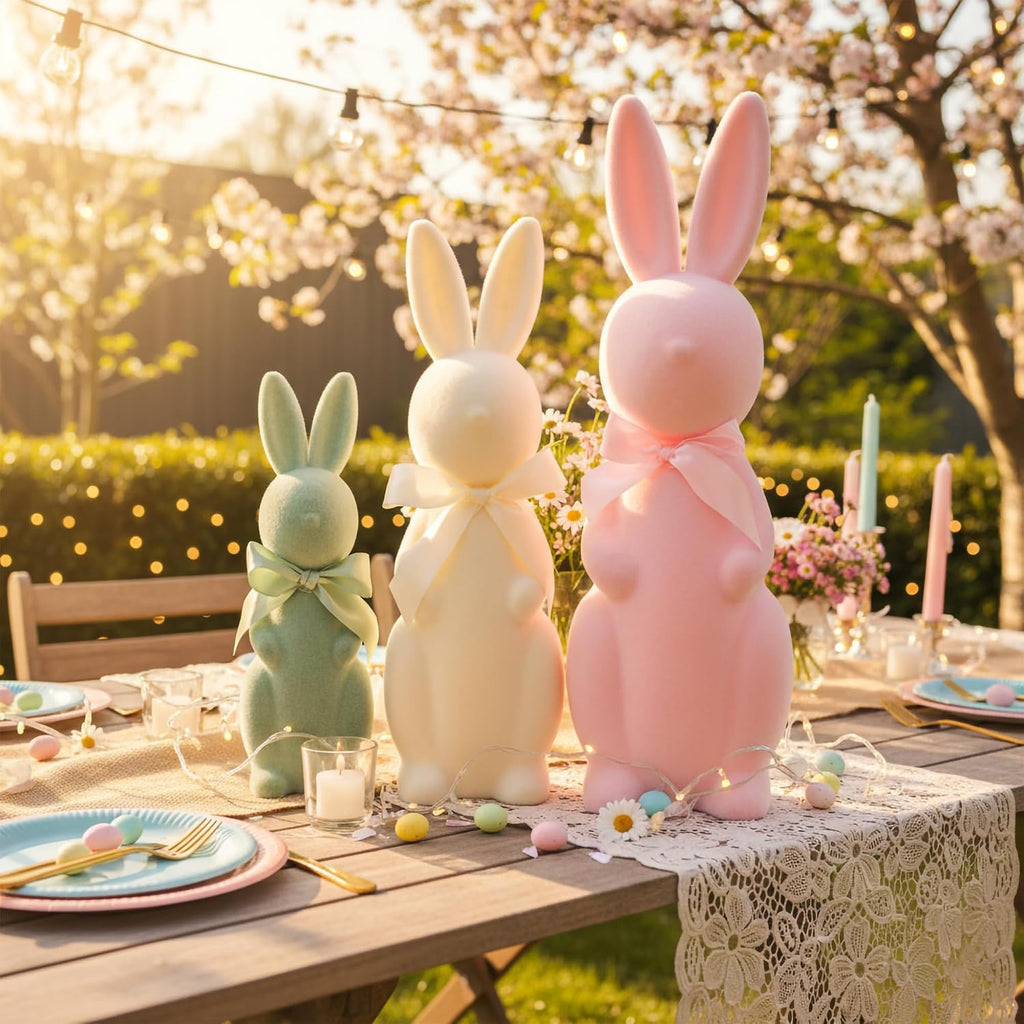 Flocked Bunny Easter Decorations with Bow Ties, Pastel Rabbit Figurines for Easter Centerpieces, Spring Home - Set of 3