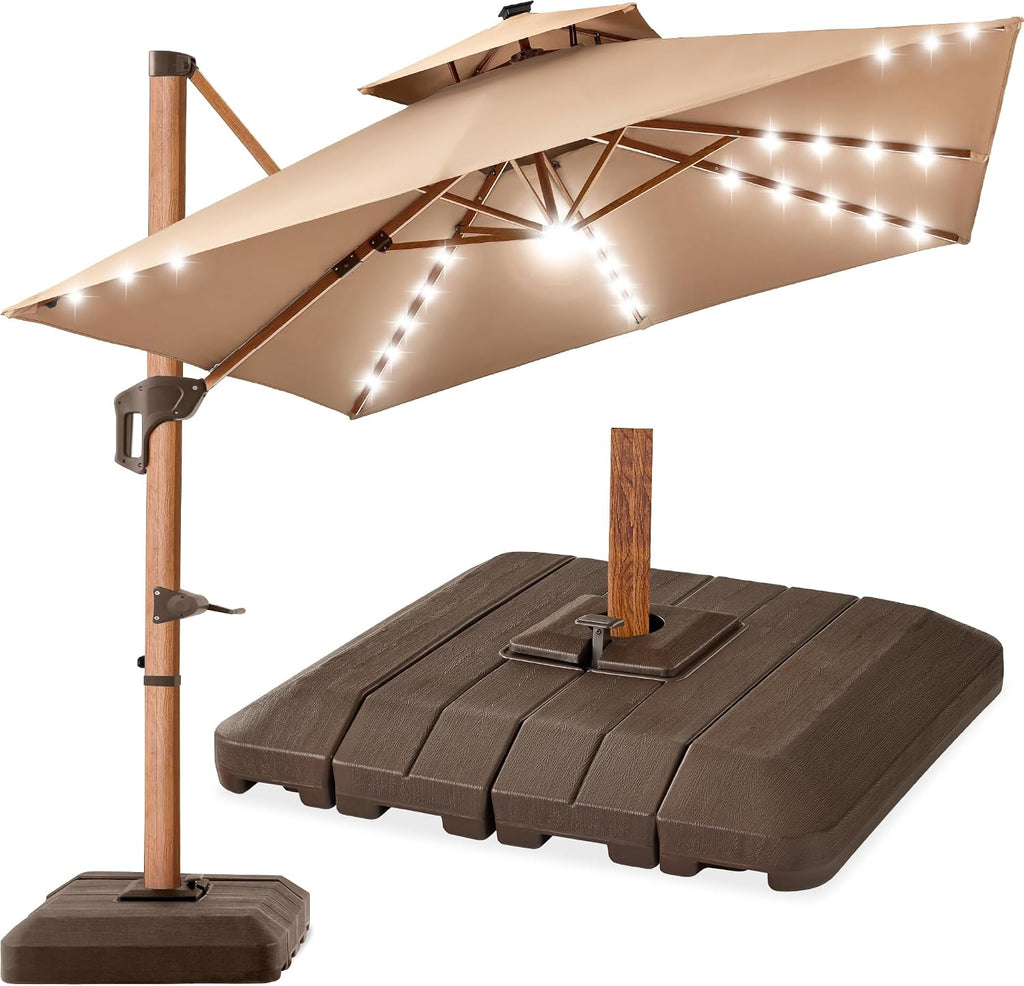 10ft Square Cantilever Patio Umbrella w/Base Included, Woodgrain Pattern Pole & Solar LED Lights, 360-Rotation