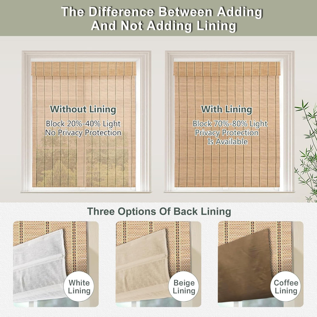 Cordless Bamboo Roman Shades, Natural Woven Blinds with 6 Inches High Valance, Custom Room Darkening Privacy Lined