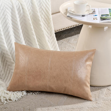 Tan Long Lumbar Faux Leather Decorative Throw Pillow Covers 12x24 Inch Couch Bed, Beige Hand Stitched Cushion Case