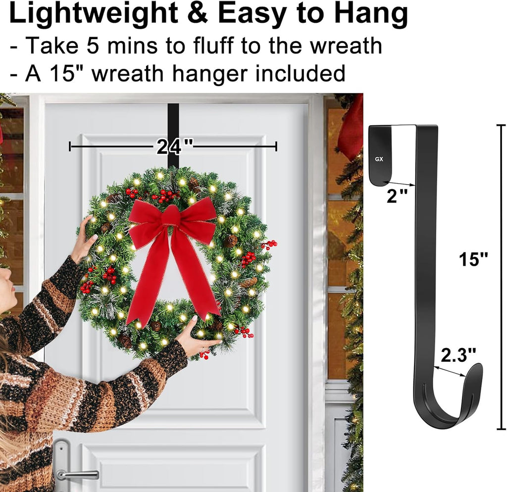24in Prelit Christmas Wreath for Front Door Christmas Decorations- Timer 8 Light Modes- Battery Operated Lighted