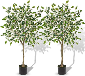 Ficus Artificial Trees for Outdoors Indoor, 4ft Big Fake Plants with Pot and Realistic Leaves, Faux Plants - Set of 2