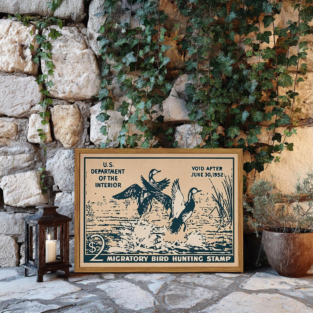 Framed Vintage Wildlife Stamp Wall Art Set of 2, Retro Conservation Duck and Wild Turkey Pictures Wall Decor, Rustic
