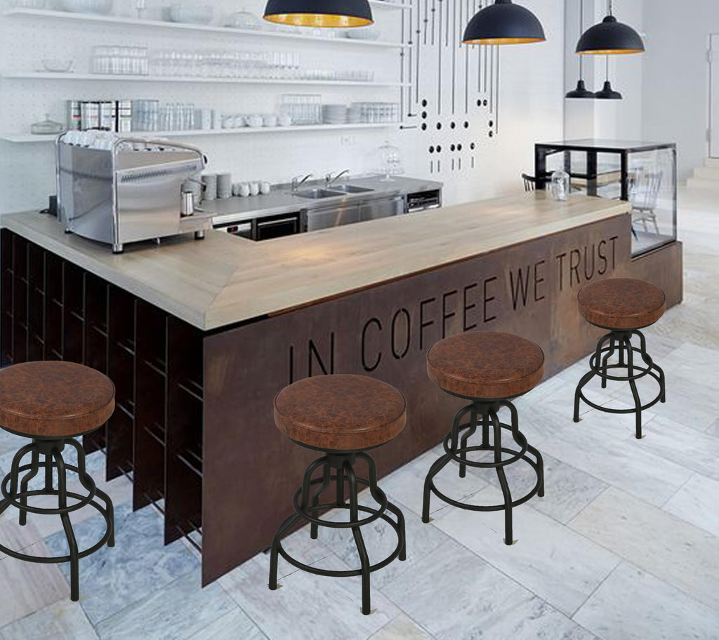 Industrial Bar Stools-Swivel Leather Metal Bar Stool-20-27 Inch Tall Counter Height-Adjustable Kitchen Stool Dining