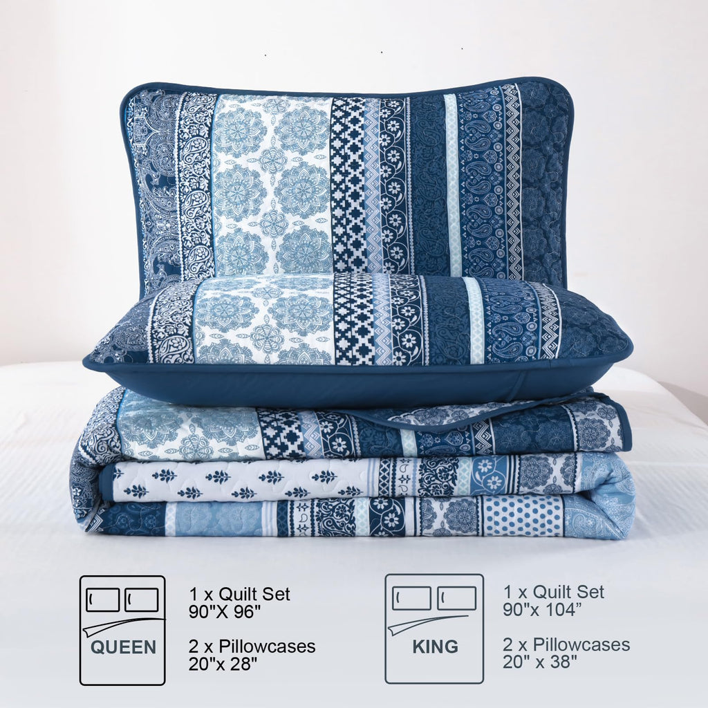 Boho Quilt Set, 3 Pcs Navy Blue Bedspread Covrtlet Set
