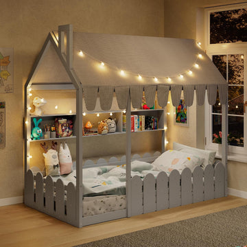 Montessori House Bed for Kids, Floor Bed with Fence Railings, Tent, Lights & 3 Storage Shelves, Slats are not