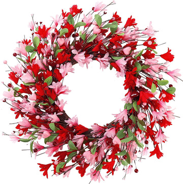 20in Valentine's Day Wreath Artificial Pink Red Forsythia Spring Summer Fake Silk Wreath with Heart Berries Green