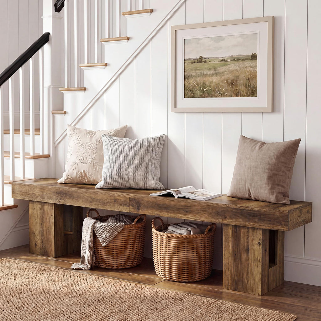 Entryway Bench, 83-Inch Shoe Bench with Sturdy Base, Modern Rustic Decorative Seat & Window Nook, Brown