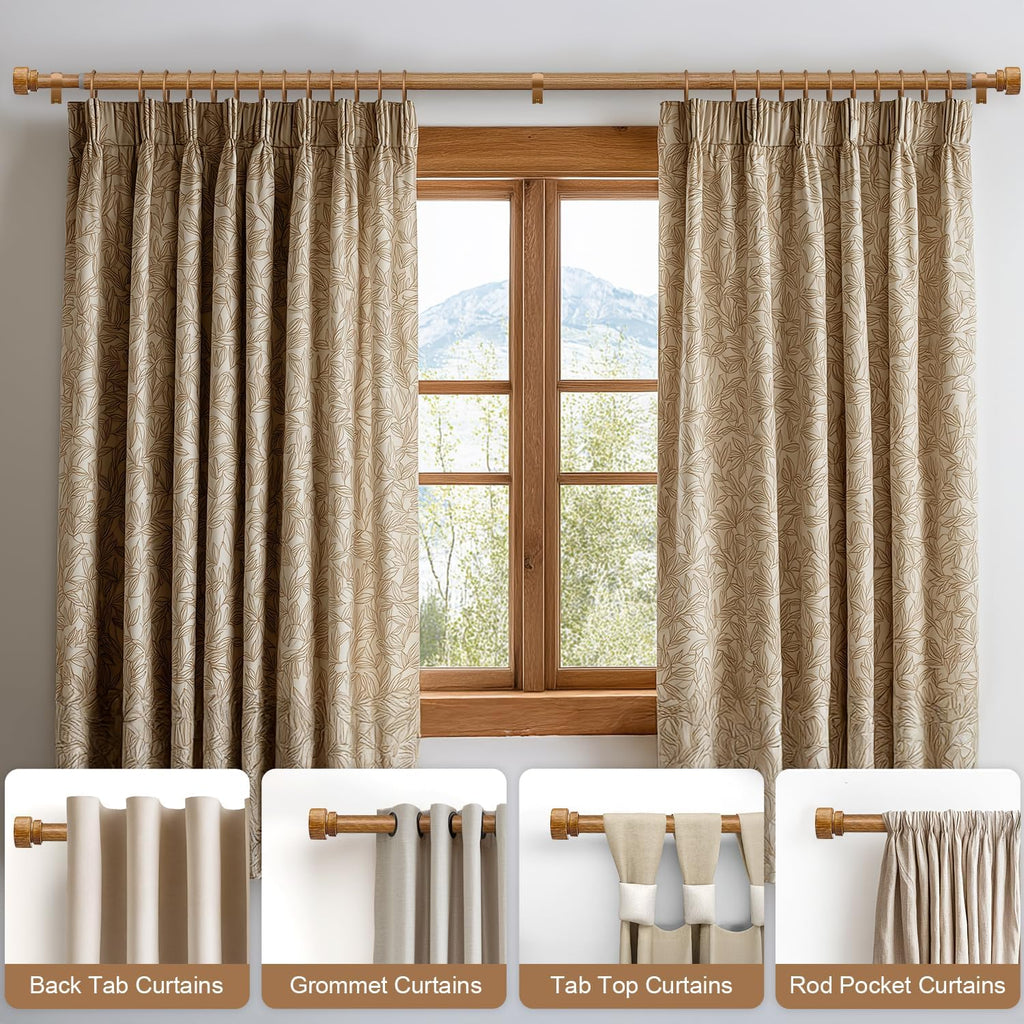 Wood Curtain Rods for Windows 66 to 120 Inches 1" Diameter Boho Decorative Heavy Duty Long Window Curtain Rod