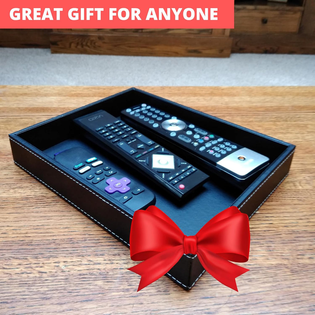 Valet Tray, Desk Tray, Key Bowl, Nightstand Organizer for Men, Black PU Leather, 10.3 x 8.3 x 1.6 inches