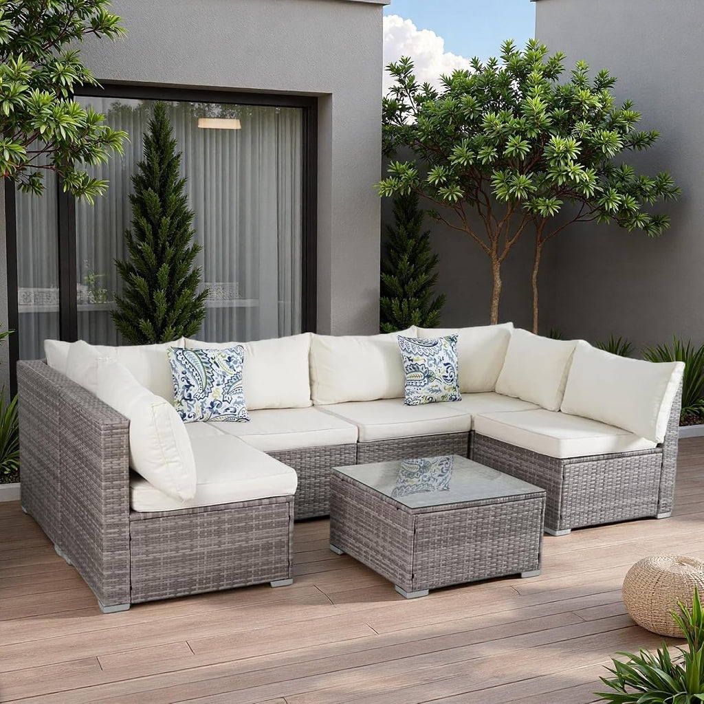 7 Piece Outdoor Patio Sectional Sofa Set, All-Weather Wicker Patio Furniture Set, with Tempered Glass Table and