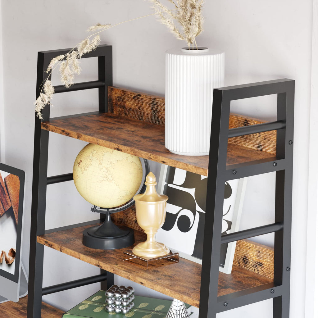 4 Tier Ladder Bookcase with Louvered Doors Rustic Brown