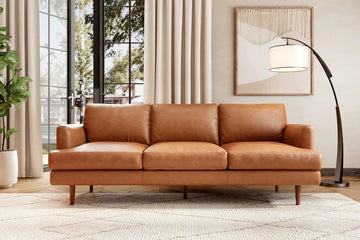 Grosseto 87" Cognac Tan Brown 3 Seater Full Leather Sofa | Mid Century Italian Nappa Leather Couch Furniture | Double