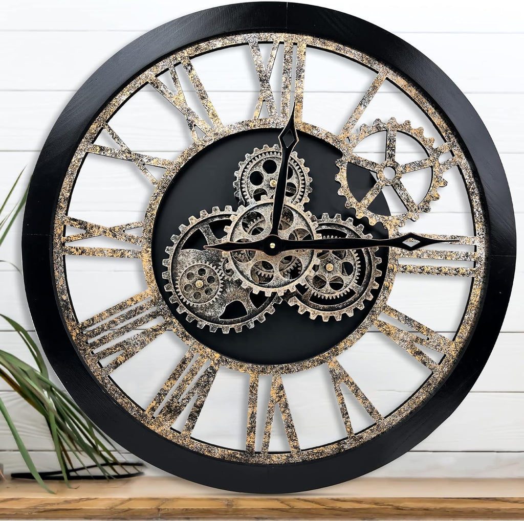 The B-Style Large 24 inch Moving Gear Wall Clock Oversized Vintage Farmhouse Wall Clocks for Living Room Decor Rustic Industrial Wood...