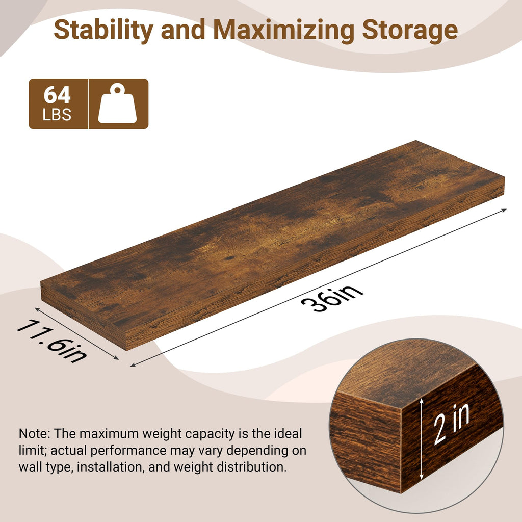 36 Inch Floating Shelves, 12 Inch Deep Floating Shelves for Wall, Extra Deeper & Thicker Wooden Wall Shelf with
