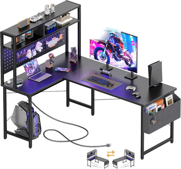 51 in L Shaped Desk with Pegboard, Reversible Corner Gaming Desk | Large Computer Desk with Hutch, Power Outlets, LED
