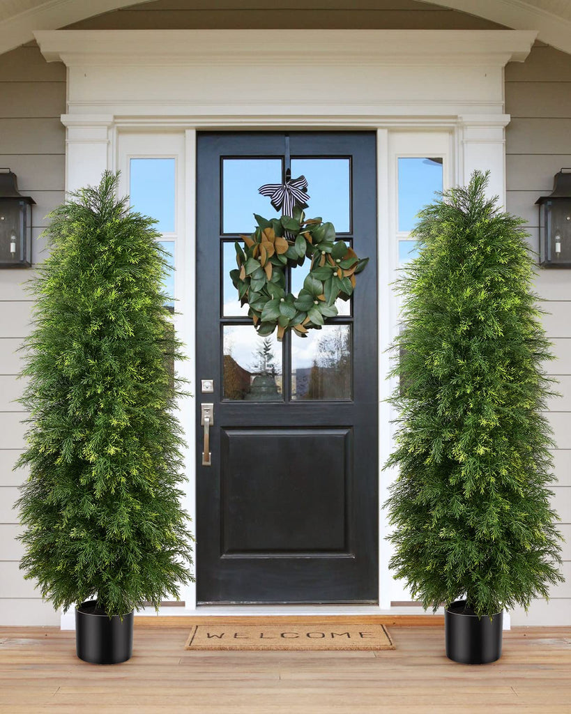 2 Pack 5ft Artificial Cedar Topiary Trees, Outdoor Artificial Plants for Front Porch Décor, Artificial Shrubs Fake