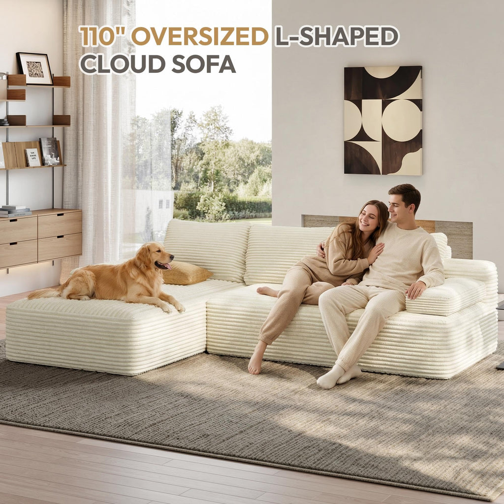 110" Sectional Sofa Boneless Couch with Chaise, Beige