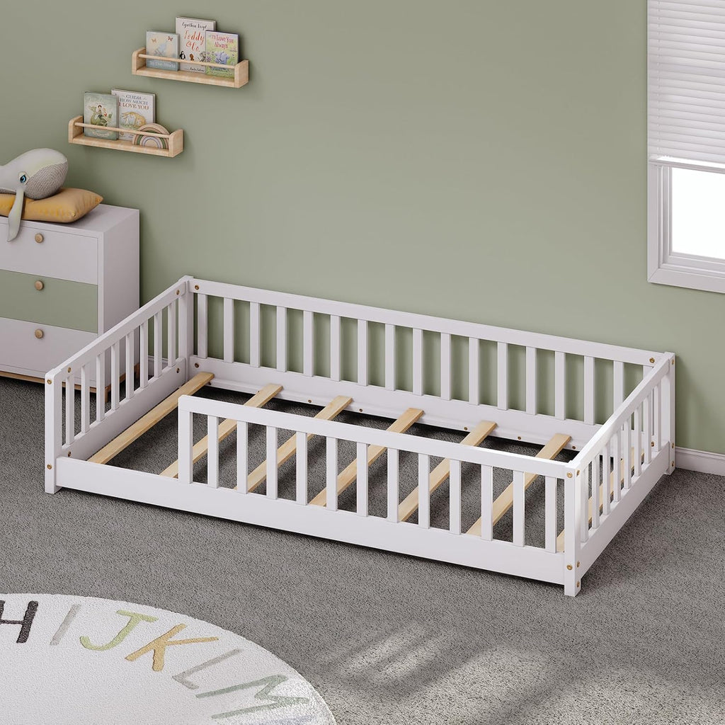 Twin Montessori Floor Bed with Rails | Solid Wood White Floor Bed Frame for Kids, Montessori Bed with Slats, No Box