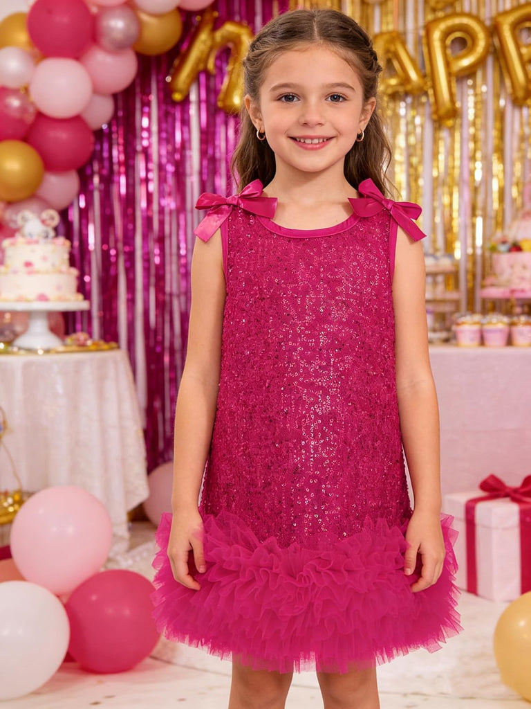 Dresses Summer Kids Ribbon Bow Sleeveless Birthday Party Tulle Ruffle Hem A-Line Sequin Dress