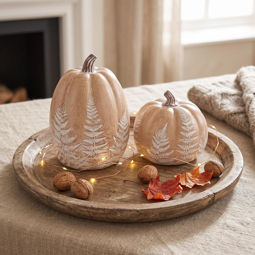 Fall Pumpkins for Decorating, Brown Resin Pumpkin Decor with Leaves Pattern - Set of 2