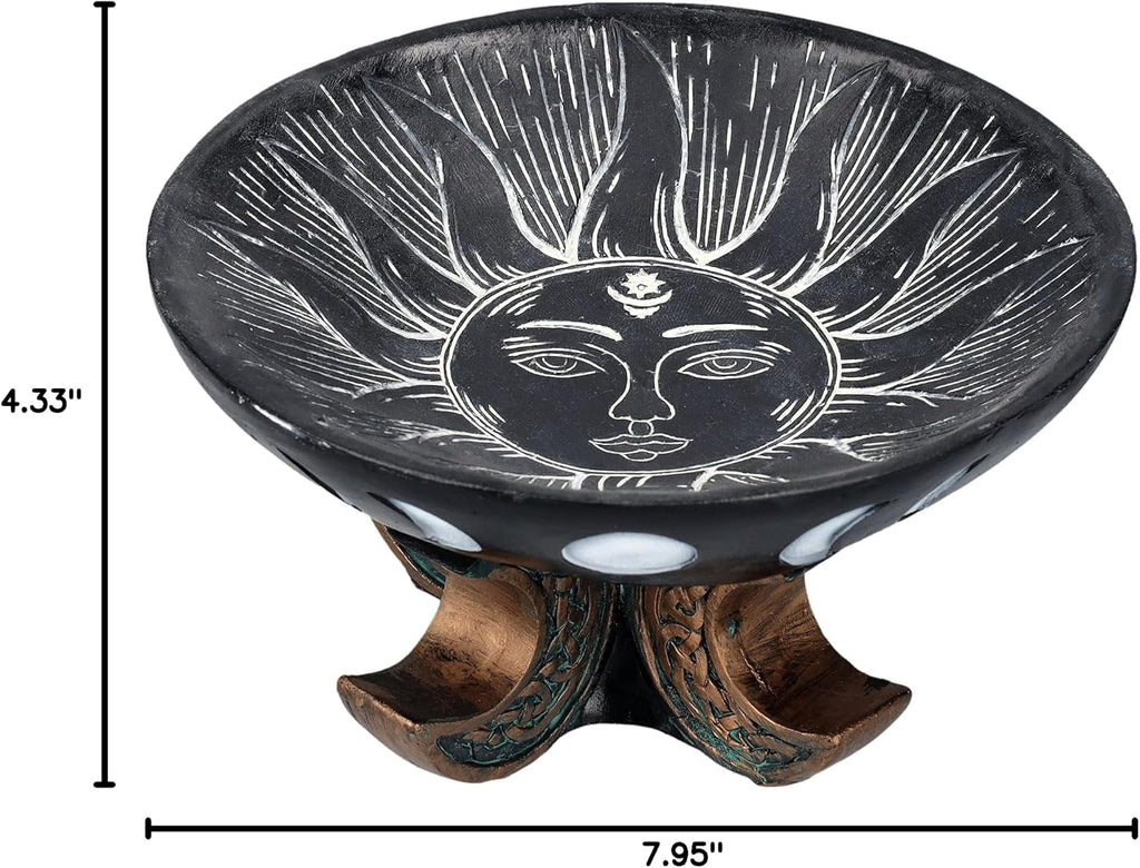 Carved Illustrated Sun and Moon Resin Trinket Bowl Black 8" Diameter