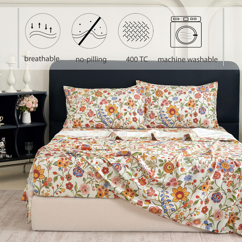 Floral Sheets California King 100% Percale Cotton Orange & Green Boho Bed Sheet Set, Soft Breathable Crisp Sunflower