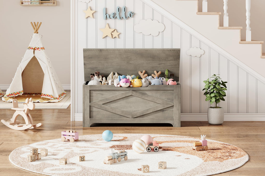 Farmhouse Wooden Storage Chest Bench, Safety Hinges, Spacious Multipurpose Organizer, or Playroom, Easy Assembly