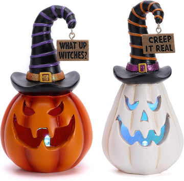 Pumpkin Halloween Decorations Indoor, Resin Halloween Figurines with Light, White and Orange Jack o Lantern - Set of 2
