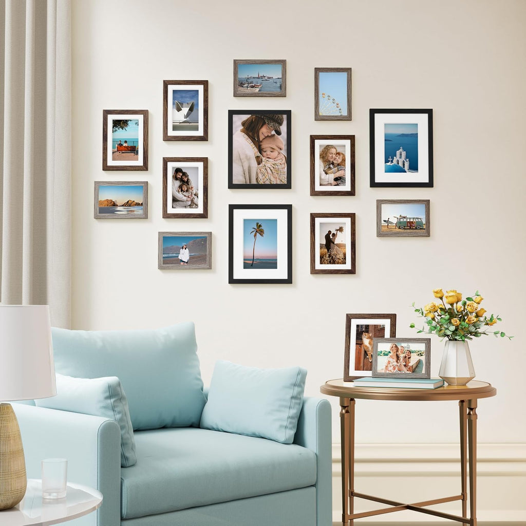15 Pack Gallery Wall Frame Set, Black, Brown, Dark Grey | Picture Frames Collage Wall Decor: 3pcs 8x10, 6pcs 5x7
