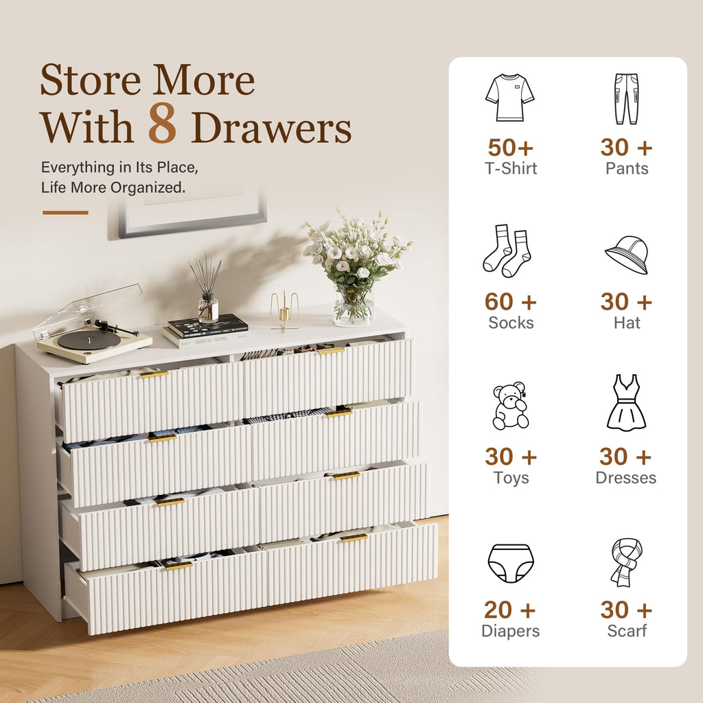 9 Drawer White, 63" Modern Fluted with Gold Handles and Smooth Slides, Wide Chest of Drawers for Closet, Living