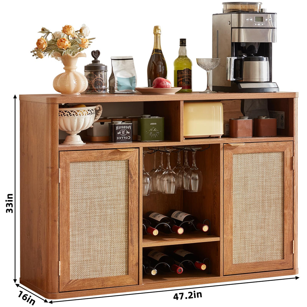 Rattan Wine Bar Cabinet with Storage, Tea Brown