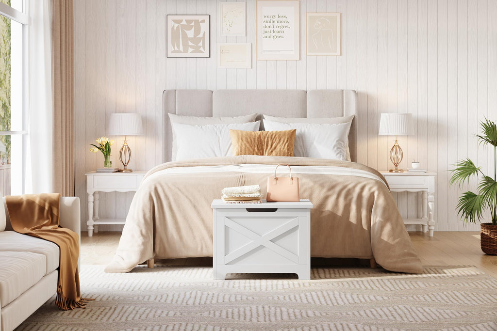 Farmhouse Style Wooden Storage Bench - 23.6" Chest with Safety Hinge, U-Shaped Handle, X-Shaped Design, 300 lbs
